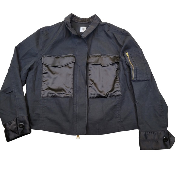 CAbi Jackets & Blazers - Cabi Women Black Moto Satin Pocket Utility Jacket Zip Front Gold Zipper Size XL